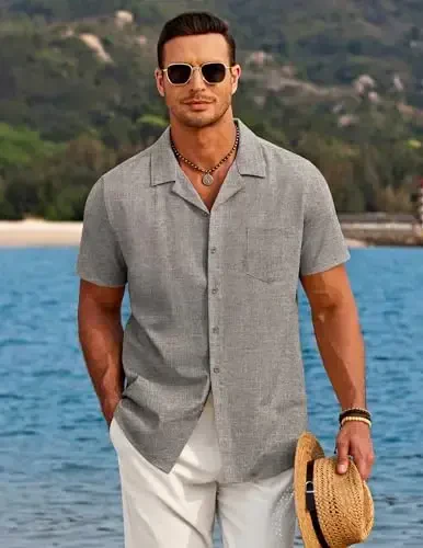 COOFANDY Men's Casual Button Down Shirts Short Sleeve Summer Beach Shirt Cuban Vacation Textured Shirts with Pocket - COOFANDY (1)