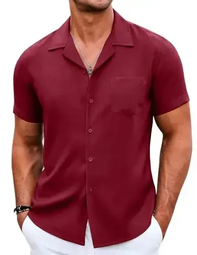 COOFANDY Men's Casual Button Down Shirts Short Sleeve Summer Beach Shirt Cuban Vacation Textured Shirts with Pocket - COOFANDY