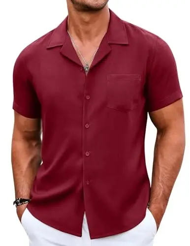 COOFANDY Men's Casual Button Down Shirts Short Sleeve Summer Beach Shirt Cuban Vacation Textured Shirts with Pocket - 1