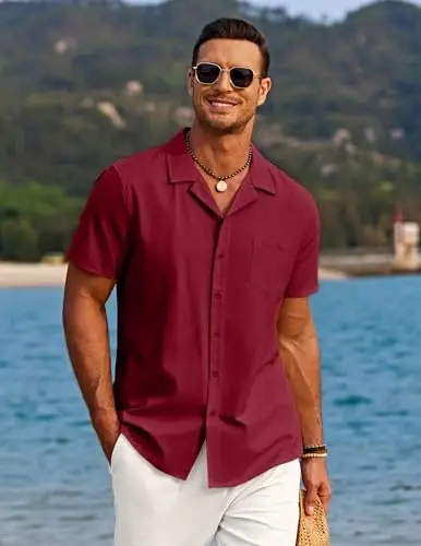 COOFANDY Men's Casual Button Down Shirts Short Sleeve Summer Beach Shirt Cuban Vacation Textured Shirts with Pocket - 2