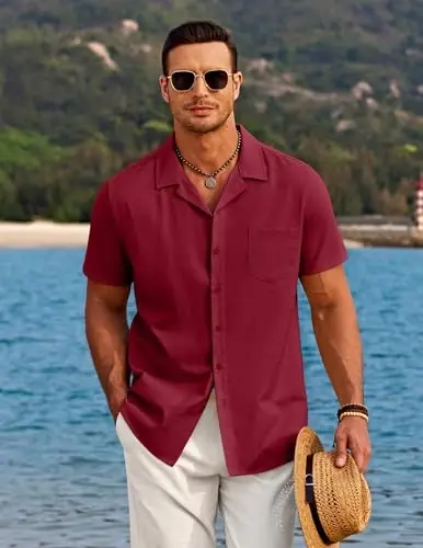 COOFANDY Men's Casual Button Down Shirts Short Sleeve Summer Beach Shirt Cuban Vacation Textured Shirts with Pocket - 3