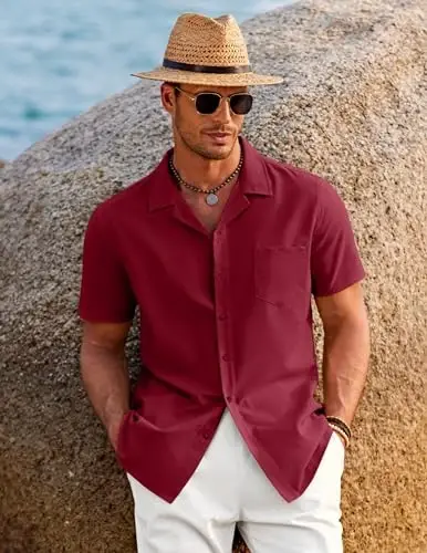 COOFANDY Men's Casual Button Down Shirts Short Sleeve Summer Beach Shirt Cuban Vacation Textured Shirts with Pocket - 4