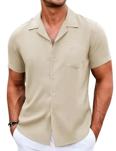 COOFANDY Men's Casual Button Down Shirts Short Sleeve Summer Beach Shirt Cuban Vacation Textured Shirts with Pocket - 1