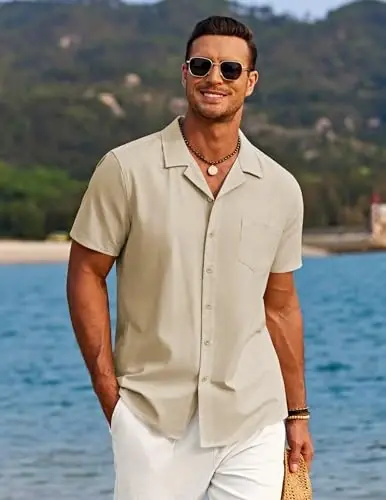 COOFANDY Men's Casual Button Down Shirts Short Sleeve Summer Beach Shirt Cuban Vacation Textured Shirts with Pocket - COOFANDY (1)