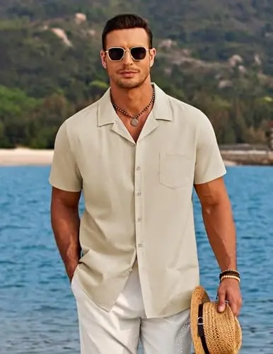 COOFANDY Men's Casual Button Down Shirts Short Sleeve Summer Beach Shirt Cuban Vacation Textured Shirts with Pocket - 3