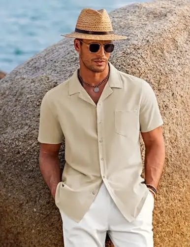 COOFANDY Men's Casual Button Down Shirts Short Sleeve Summer Beach Shirt Cuban Vacation Textured Shirts with Pocket - 4