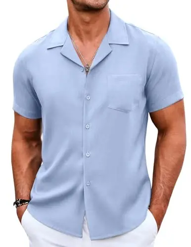 COOFANDY Men's Casual Button Down Shirts Short Sleeve Summer Beach Shirt Cuban Vacation Textured Shirts with Pocket - 1