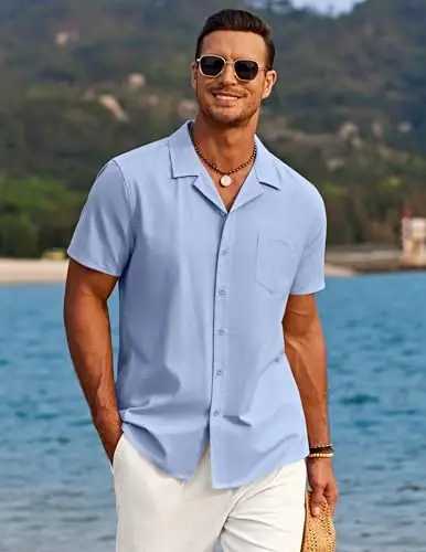 COOFANDY Men's Casual Button Down Shirts Short Sleeve Summer Beach Shirt Cuban Vacation Textured Shirts with Pocket - 2