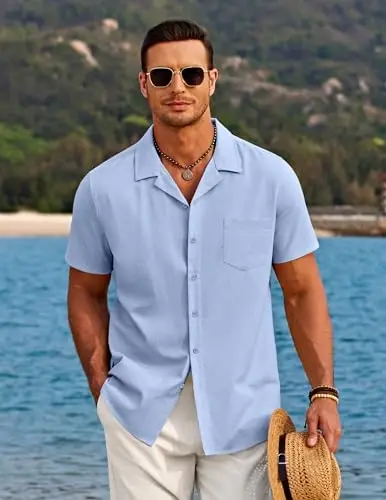 COOFANDY Men's Casual Button Down Shirts Short Sleeve Summer Beach Shirt Cuban Vacation Textured Shirts with Pocket - 3