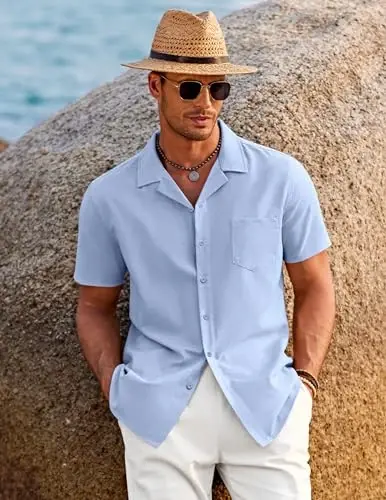 COOFANDY Men's Casual Button Down Shirts Short Sleeve Summer Beach Shirt Cuban Vacation Textured Shirts with Pocket - 4