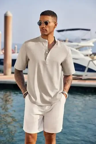 COOFANDY Men's Casual Henley Shirt Band Collar Short Sleeve Shirt Summer Beach Hippie T-Shirt - 2