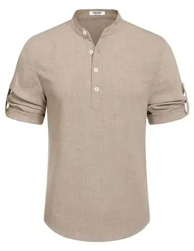 COOFANDY Men's Casual Henley Shirt Band Collar Short Sleeve Shirt Summer Beach Hippie T-Shirt - 6