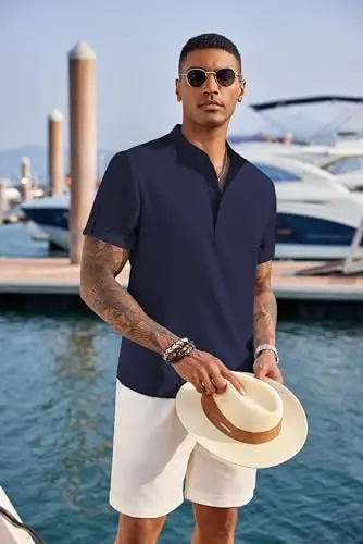 COOFANDY Men's Casual Henley Shirt Band Collar Short Sleeve Shirt Summer Beach Hippie T-Shirt - 4
