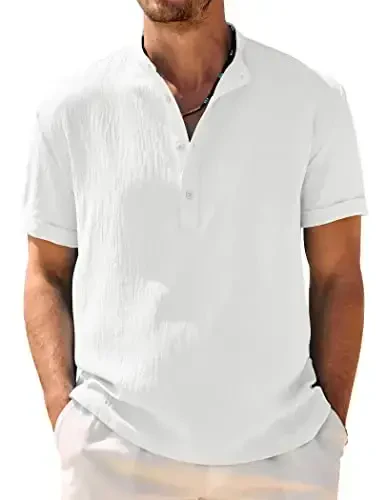 COOFANDY Men's Casual Henley Shirt Band Collar Short Sleeve Shirt Summer Beach Hippie T-Shirt - 1