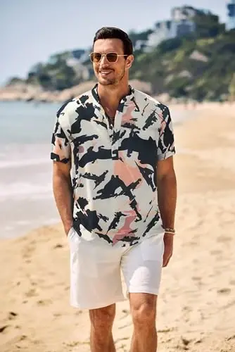 COOFANDY Men's Casual Henley Shirt Band Collar Short Sleeve Shirt Summer Beach Hippie T-Shirt - 2