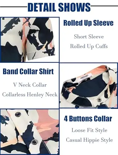 COOFANDY Men's Casual Henley Shirt Band Collar Short Sleeve Shirt Summer Beach Hippie T-Shirt - 5