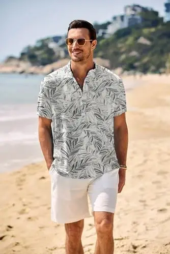 COOFANDY Men's Casual Henley Shirt Band Collar Short Sleeve Shirt Summer Beach Hippie T-Shirt - 7