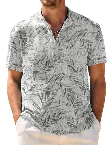 COOFANDY Men's Casual Henley Shirt Band Collar Short Sleeve Shirt Summer Beach Hippie T-Shirt - 1