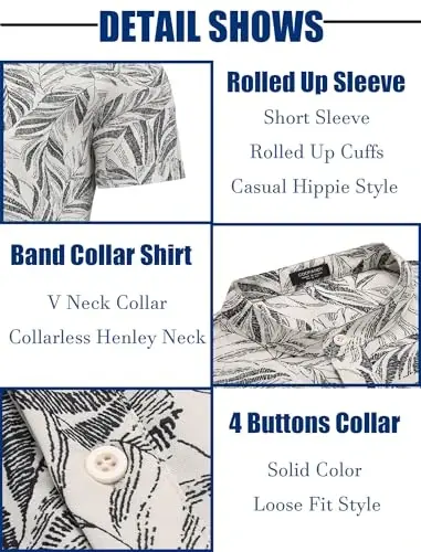 COOFANDY Men's Casual Henley Shirt Band Collar Short Sleeve Shirt Summer Beach Hippie T-Shirt - 6