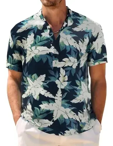 COOFANDY Men's Casual Henley Shirt Band Collar Short Sleeve Shirt Summer Beach Hippie T-Shirt - COOFANDY