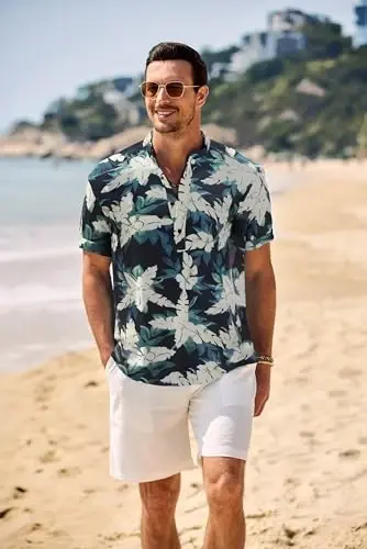 COOFANDY Men's Casual Henley Shirt Band Collar Short Sleeve Shirt Summer Beach Hippie T-Shirt - 9