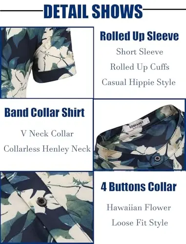 COOFANDY Men's Casual Henley Shirt Band Collar Short Sleeve Shirt Summer Beach Hippie T-Shirt - 5