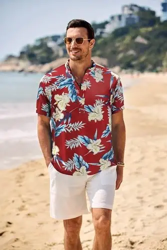 COOFANDY Men's Casual Henley Shirt Band Collar Short Sleeve Shirt Summer Beach Hippie T-Shirt - COOFANDY (1)