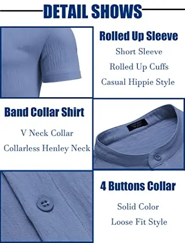 COOFANDY Men's Casual Henley Shirt Band Collar Short Sleeve Shirt Summer Beach Hippie T-Shirt - 5