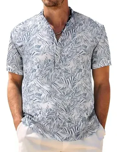 COOFANDY Men's Casual Henley Shirt Band Collar Short Sleeve Shirt Summer Beach Hippie T-Shirt - 1