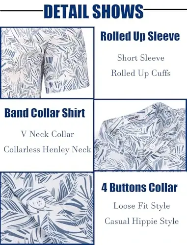 COOFANDY Men's Casual Henley Shirt Band Collar Short Sleeve Shirt Summer Beach Hippie T-Shirt - 5
