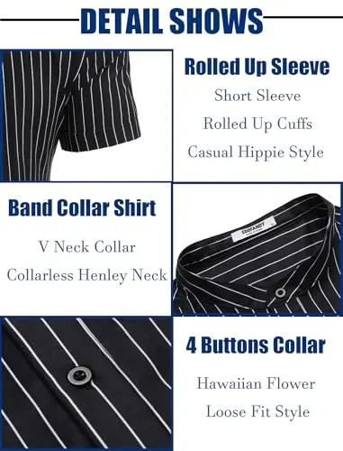 COOFANDY Men's Casual Henley Shirt Band Collar Short Sleeve Shirt Summer Beach Hippie T-Shirt - 5