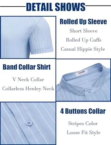 COOFANDY Men's Casual Henley Shirt Band Collar Short Sleeve Shirt Summer Beach Hippie T-Shirt - 5
