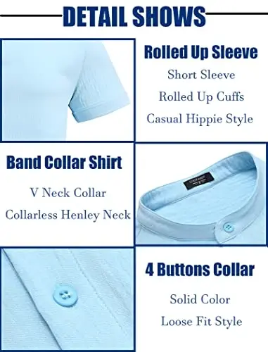 COOFANDY Men's Casual Henley Shirt Band Collar Short Sleeve Shirt Summer Beach Hippie T-Shirt - 5