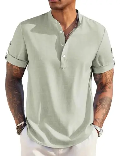 COOFANDY Men's Casual Henley Shirt Short Sleeve Band Collar Linen Shirt Summer Beach Hippie T-Shirts - 1