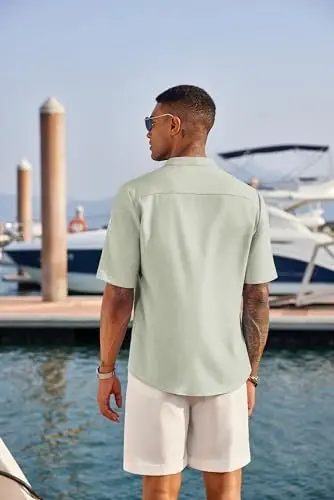 COOFANDY Men's Casual Henley Shirt Short Sleeve Band Collar Linen Shirt Summer Beach Hippie T-Shirts - 3