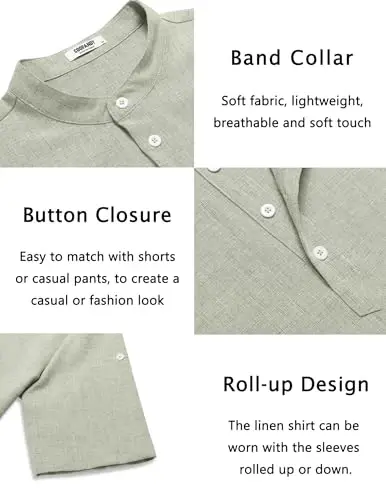 COOFANDY Men's Casual Henley Shirt Short Sleeve Band Collar Linen Shirt Summer Beach Hippie T-Shirts - 5