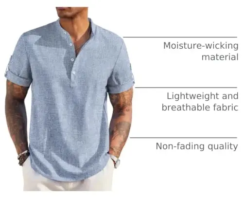 COOFANDY Men's Casual Henley Shirt Short Sleeve Linen Shirt Summer T-Shirts | Breathable Linen like texture, moisture-wicking, band collar, roll-up sleeves; easy match, great for beach, vacation & gifts 