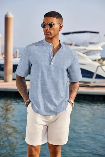 COOFANDY Men's Casual Henley Shirt Short Sleeve Band Collar Linen Shirt Summer Beach Hippie T-Shirts - 2
