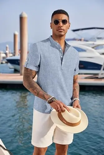 COOFANDY Men's Casual Henley Shirt Short Sleeve Band Collar Linen Shirt Summer Beach Hippie T-Shirts - 4