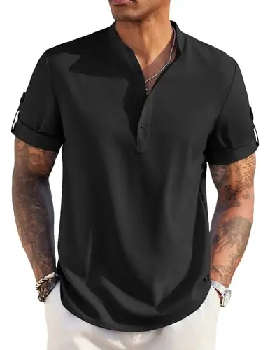 COOFANDY Men's Casual Henley Shirt Short Sleeve Linen Shirt Summer T-Shirts | Breathable Linen like texture, moisture-wicking, band collar, roll-up sleeves; easy match, great for beach, vacation & gifts - 1