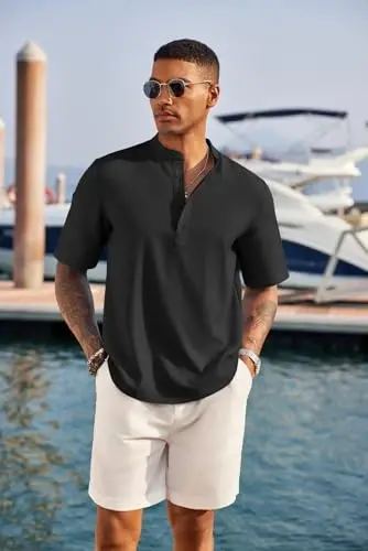 COOFANDY Men's Casual Henley Shirt Short Sleeve Linen Shirt Summer T-Shirts | Breathable Linen like texture, moisture-wicking, band collar, roll-up sleeves; easy match, great for beach, vacation & gifts - 2