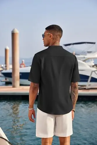 COOFANDY Men's Casual Henley Shirt Short Sleeve Linen Shirt Summer T-Shirts | Breathable Linen like texture, moisture-wicking, band collar, roll-up sleeves; easy match, great for beach, vacation & gifts - 3