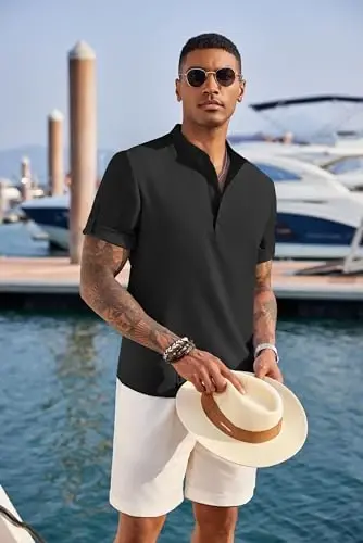 COOFANDY Men's Casual Henley Shirt Short Sleeve Linen Shirt Summer T-Shirts | Breathable Linen like texture, moisture-wicking, band collar, roll-up sleeves; easy match, great for beach, vacation & gifts - 4
