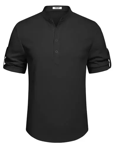 COOFANDY Men's Casual Henley Shirt Short Sleeve Linen Shirt Summer T-Shirts | Breathable Linen like texture, moisture-wicking, band collar, roll-up sleeves; easy match, great for beach, vacation & gifts - 6