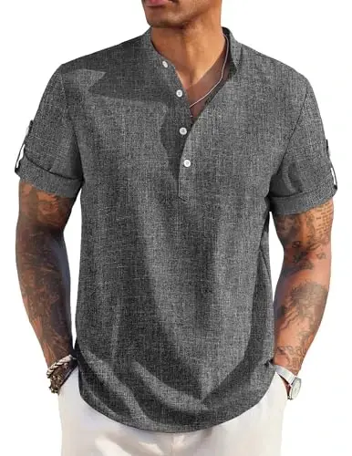 COOFANDY Men's Casual Henley Shirt Short Sleeve Band Collar Linen Shirt Summer Beach Hippie T-Shirts - 1