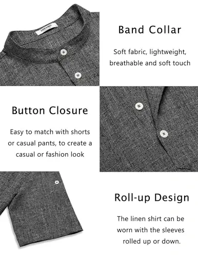 COOFANDY Men's Casual Henley Shirt Short Sleeve Band Collar Linen Shirt Summer Beach Hippie T-Shirts - 5