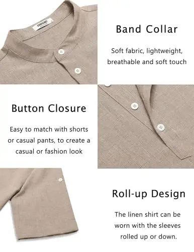 COOFANDY Men's Casual Henley Shirt Short Sleeve Band Collar Linen Shirt Summer Beach Hippie T-Shirts - 5