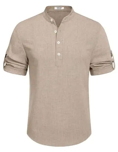 COOFANDY Men's Casual Henley Shirt Short Sleeve Band Collar Linen Shirt Summer Beach Hippie T-Shirts - 6