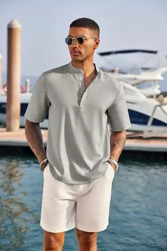 COOFANDY Men's Casual Henley Shirt Short Sleeve Linen Shirt Summer T-Shirts | Breathable Linen like texture, moisture-wicking, band collar, roll-up sleeves; easy match, great for beach, vacation & gifts - 8