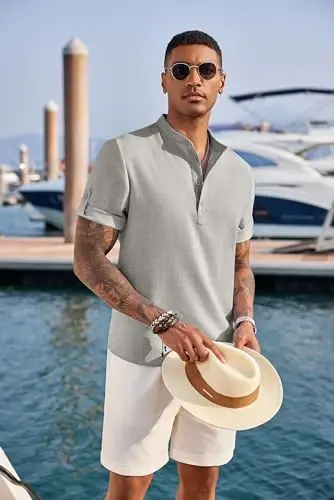 COOFANDY Men's Casual Henley Shirt Short Sleeve Linen Shirt Summer T-Shirts | Breathable Linen like texture, moisture-wicking, band collar, roll-up sleeves; easy match, great for beach, vacation & gifts - 10
